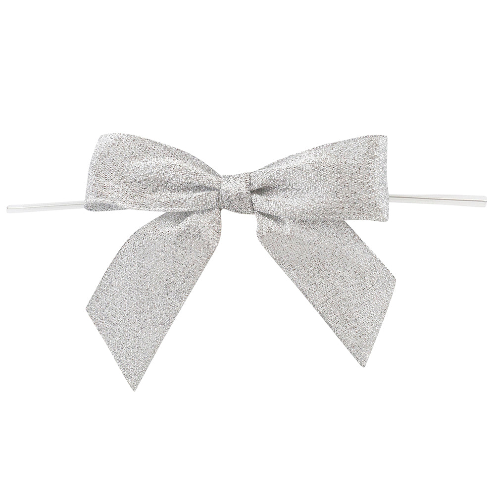 Pack of 100 Silver METALLIC SHIMMER TWIST TIE BOWS - LARGE - 2 LOOPS x 3-1/4in Span, 2 TAILS x 2in x 7/8in RIBBON WIDTH & 5in TWIST TIE
