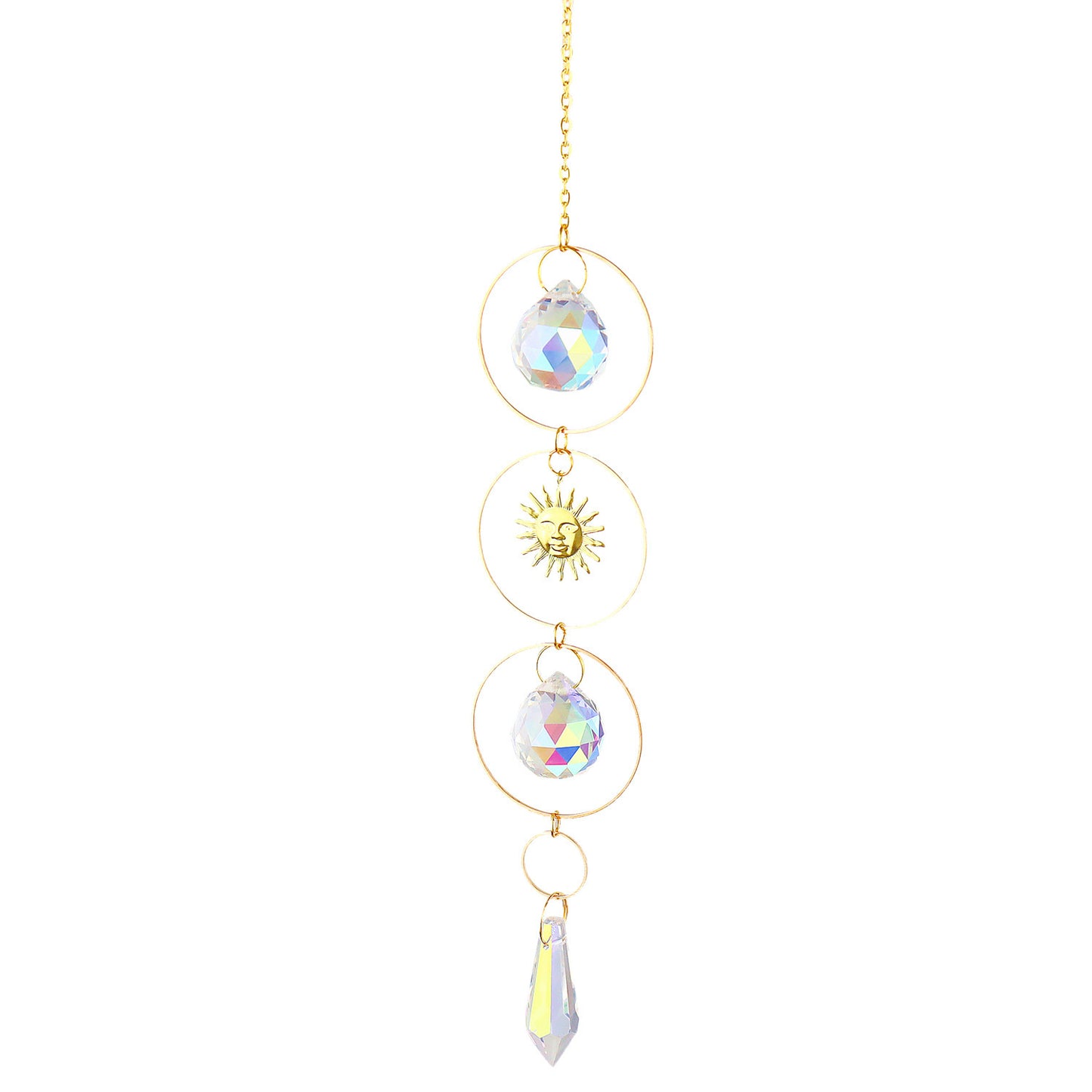 K9 Aura Crystal Hanger Suncatcher Full Moons in 2 Rings with Sun Design & Point Brass Color Hanger - Long inch - China