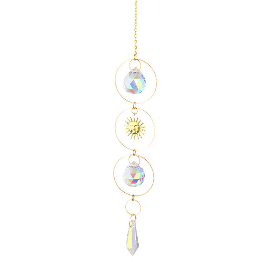 K9 Aura Crystal Hanger Suncatcher Full Moons in 2 Rings with Sun Design & Point Brass Color Hanger - Long inch - China