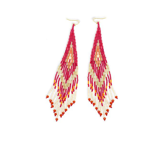 Skyfire Beaded Earrings - 6 inch Long - Pink, Orange and White - NEW424