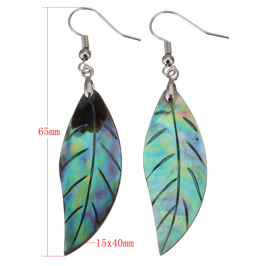 Leaf Design Abalone Shell Earrings with Silver color brass hooks - 15x40mm 65mm long