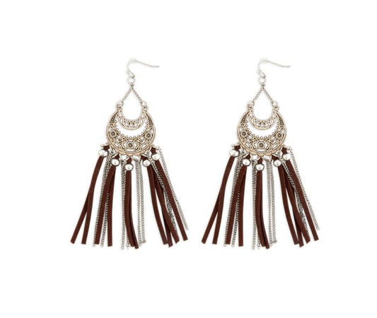 Tezla Earrings - 3 inch Long - brown and silver - NEW424