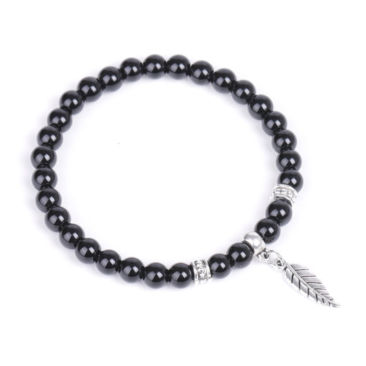 Gloss Blackstone Gemstone Bracelet with Feather Charm – 6mm Beads (7.5 Inches)