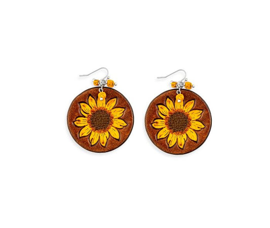 Sunflower Hand-tooled Leather Earrings - 2.25 inch Dia - Yellow - NEW424