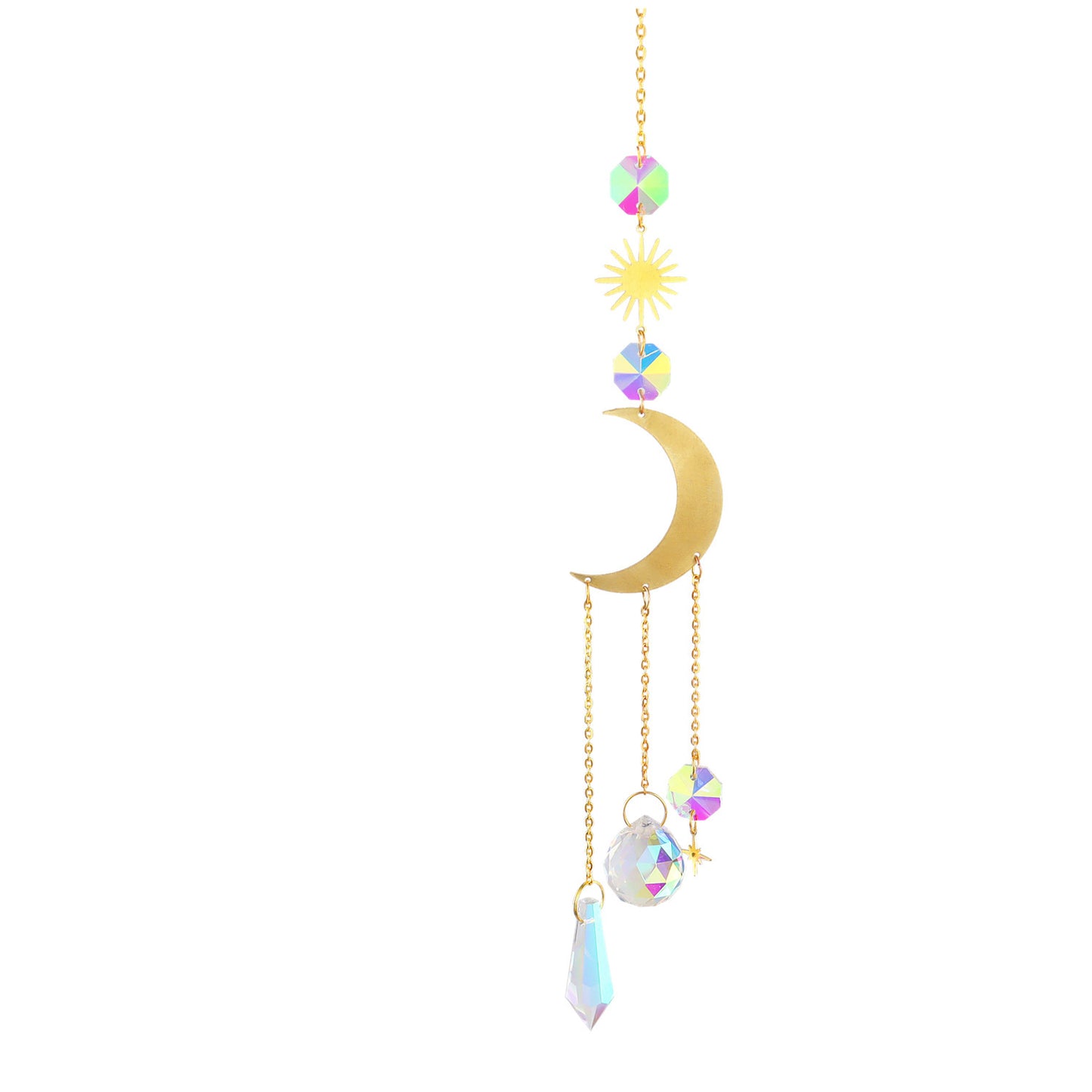 K9 Aura Crystal Hanger  Suncatcher Crescent Moon with Stars Sun Brass - Long 45cm - China - NEW911