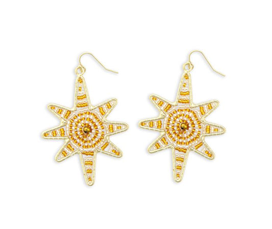 Guiding Star Beaded Earrings in Gold & White - 2.5 inch Long -  - NEW424