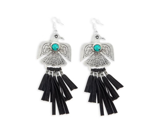 Thunderbird Rising Tassled Earrings - 3 inch Long - black, turquoise and silver - NEW424
