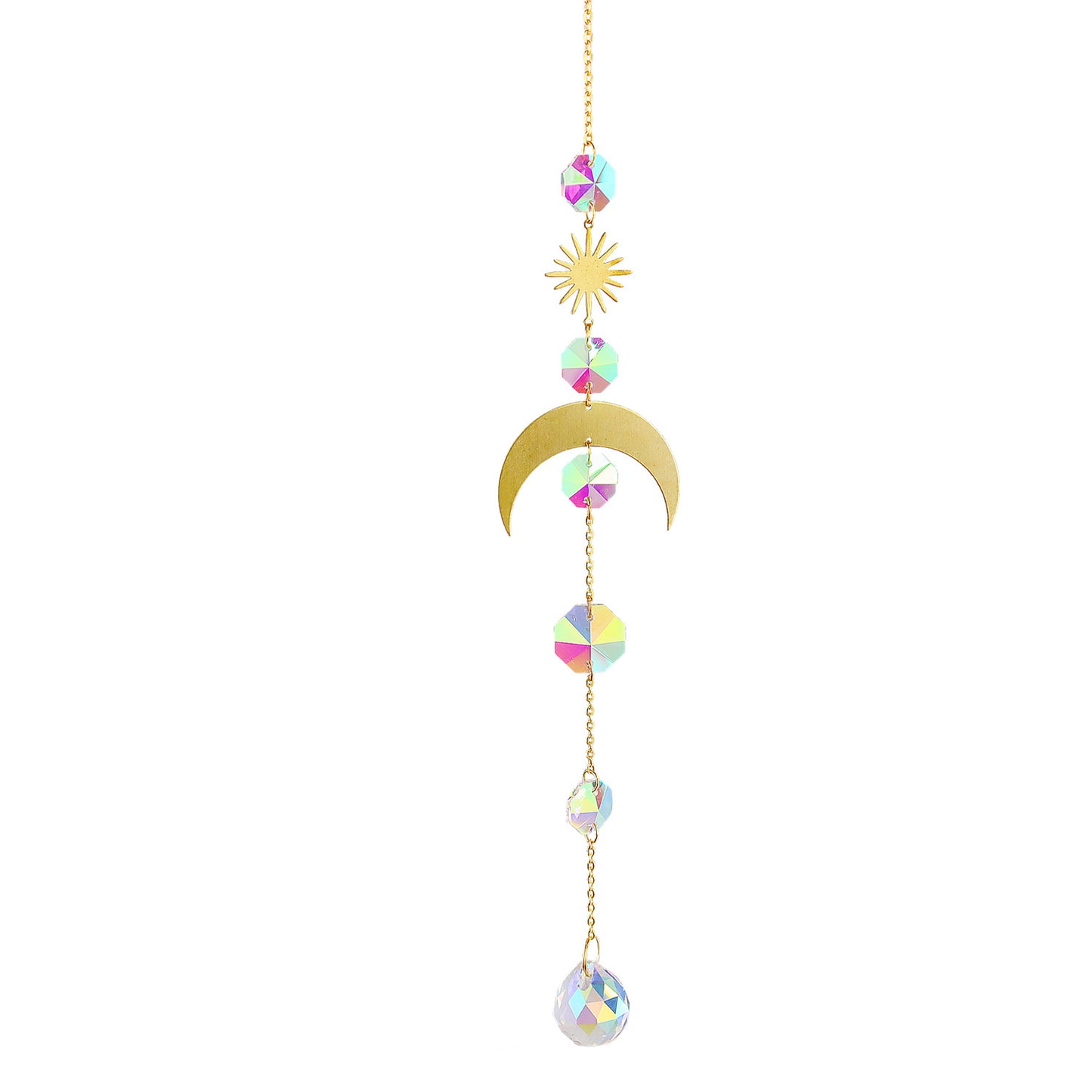 K9 Aura Crystal Hanger Suncatcher  Crescent  Moon with 5 Stars & Sun Brass Color  - Long inch - China