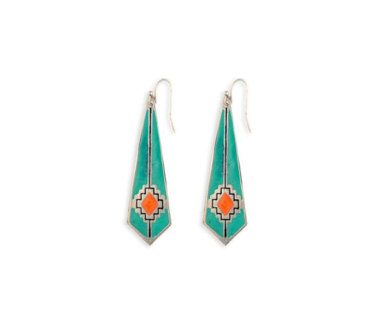 Winds of Wisdom Earrings - 2.25 inch Long - turquoise, black and orange - NEW424