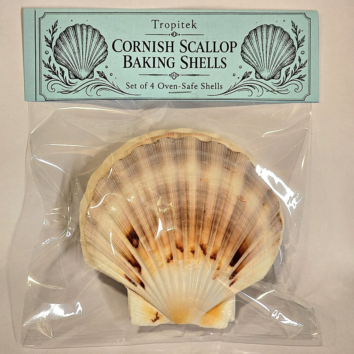 Pack of 4 SCALLOP BAKING SHELLS 4.5 inch in bag with header.
