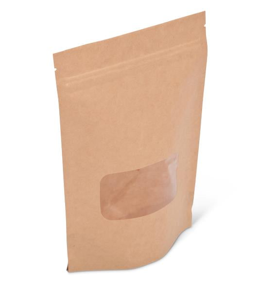 Pack of 100 6x11x3 inch 12 oz. Kraft with Window Stand Up Gusseted Barrier Pouches - Ziploc & heat sealable