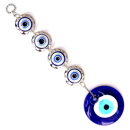 Evil Eye Hanger with 5 Round Blown Glass Eyes - Suncatcher Blue Silver - 12 inch 30cm - China -