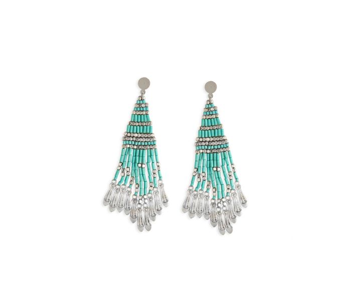 Flora Glass Beaded Earrings - 3.5 inch Long - turquoise & silver - NEW424