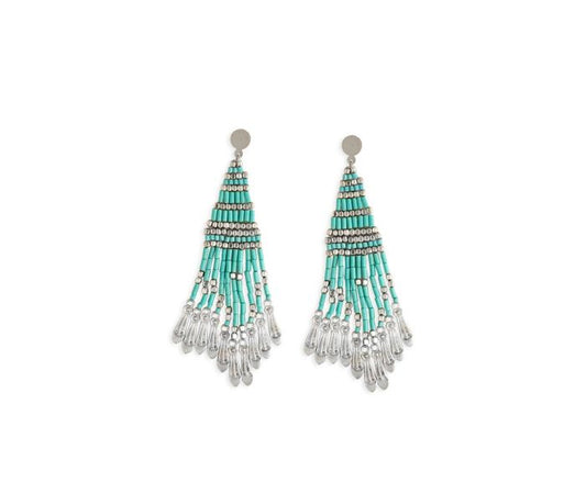 Flora Glass Beaded Earrings - 3.5 inch Long - turquoise & silver - NEW424
