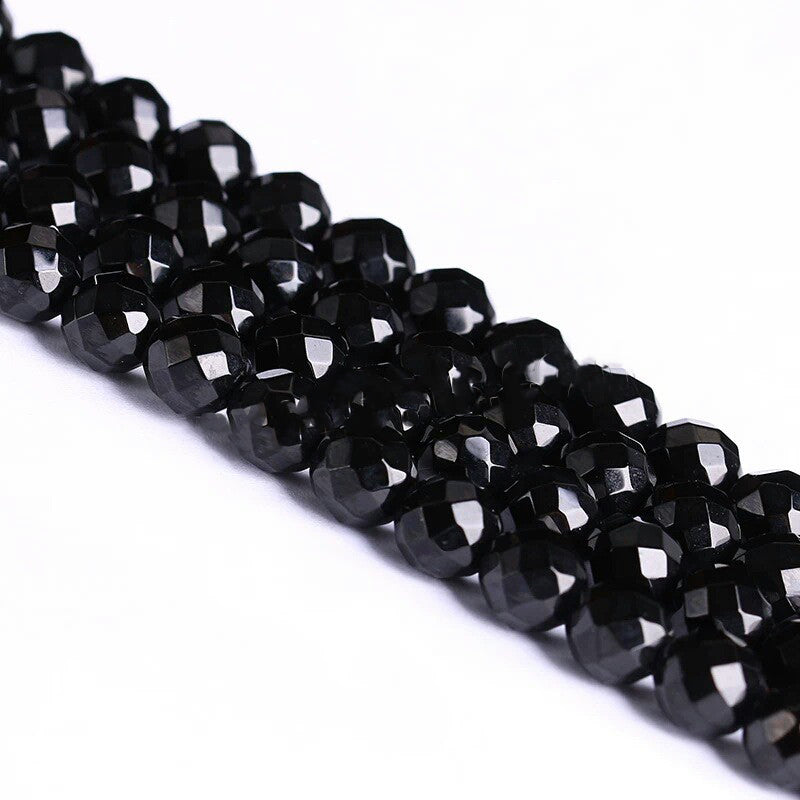 8mm Black Agate Facetted Round Beads - about 48 beads Per strand 14 inch Long - 10 grams - NEW424