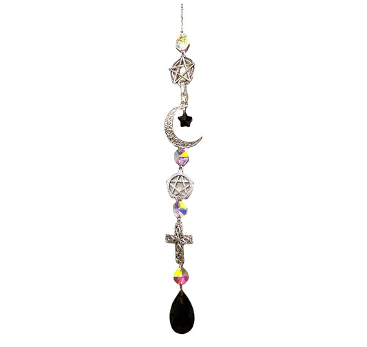 K9 Aura Crystal Hanger Suncatcher Silver Color  with Cross Moon Star - Long - 6cm x 40cm - China - NEW911