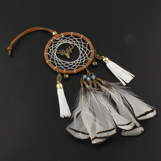 Fashion Dream Catcher with Deer Charm and Bells - Leather Cord and Tassels - Natural Feathers - 8 x 30cm