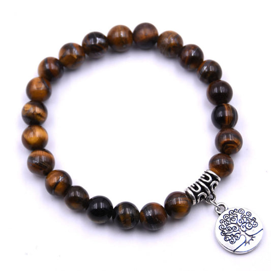 Tiger's Eye Bracelet - Tree Charm - Antique Silver Color Plated