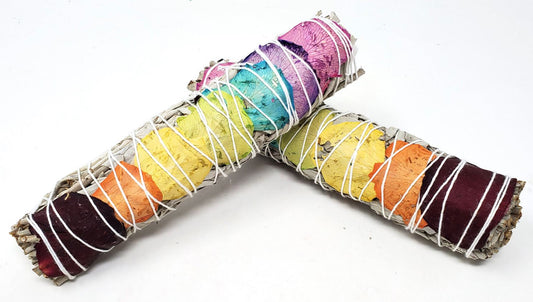 White Sage with Chakra Color Rose Petals - 7 inch Sticks