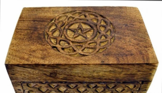 Wooden Carved Box - Celtic Knot Pentagram 4 x 6 inch - NEW421