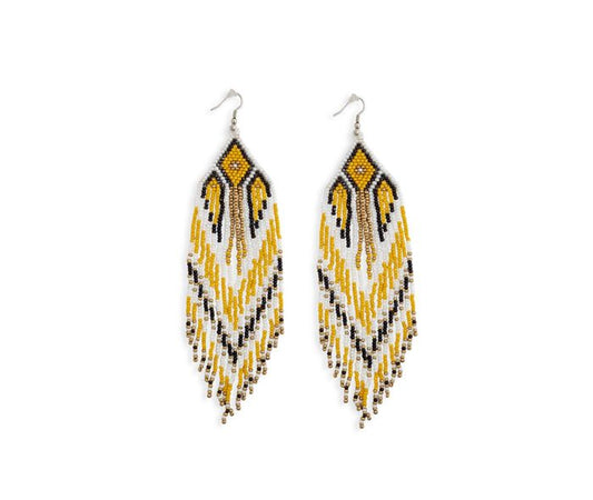 Tapestry of Time Earrings in Corn Yellow Glass Beaded - 5.25 inch Long - yellow, charcoal, white and gold - NEW424