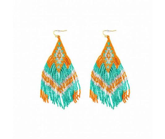 Sunset Mesa Glass Beaded Earrings - 3.75 inch Long - sunset orange and turquoise - NEW424