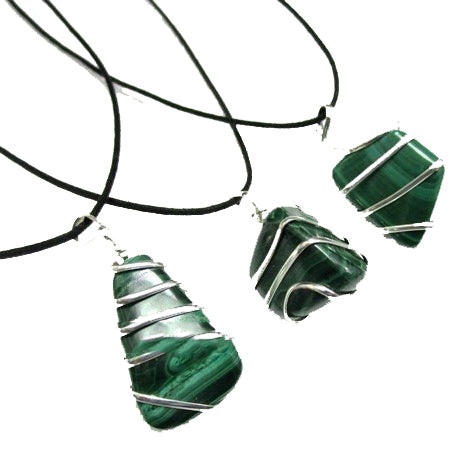 Malachite Wire Wrapped Pendant on Cord - 20g - India - NEW821