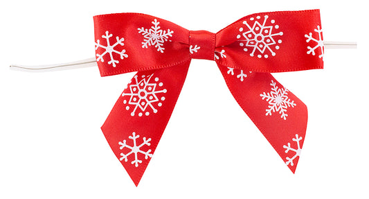 Pack of 100 Red SNOWFLAKES 7/8in SATIN TWIST TIE BOWS - 2 LOOPS x 3-1/4in Span, 2 TAILS x 2in x 7/8in RIBBON WIDTH & 5in TWIST TIE