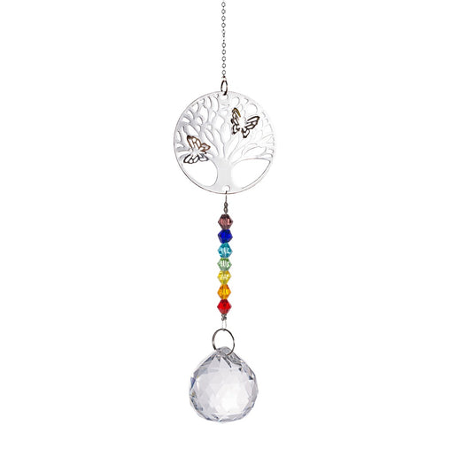 K9 Crystal Hanger Suncatcher Chakra w Tree and Butterflies - 13 inch -