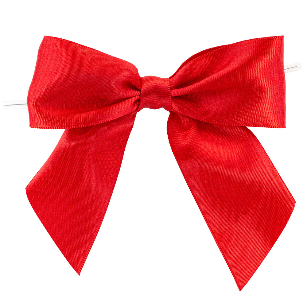 Pack of 50 Red SATIN TWIST TIE BOWS - JUMBO - 2 LOOPS x 4-1/4in Span, 2 TAILS x 3-1/4in x 1-1/2in RIBBON WIDTH & 5in TWIST TIE