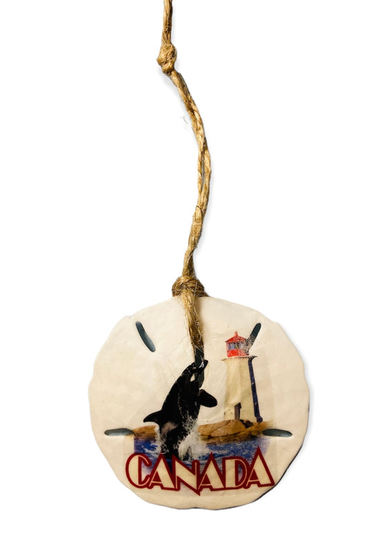Sand dollar Ornament on String with ORCA and LIGHTHOUSE CANADA Transfer - NEW422