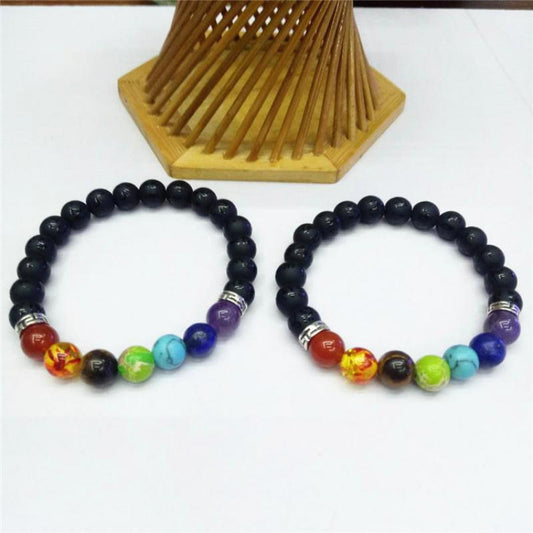 Chakra Gem Stone Stretch 
Bracelet with Black & Silver Bead - 8mm Length 7.5 Inch