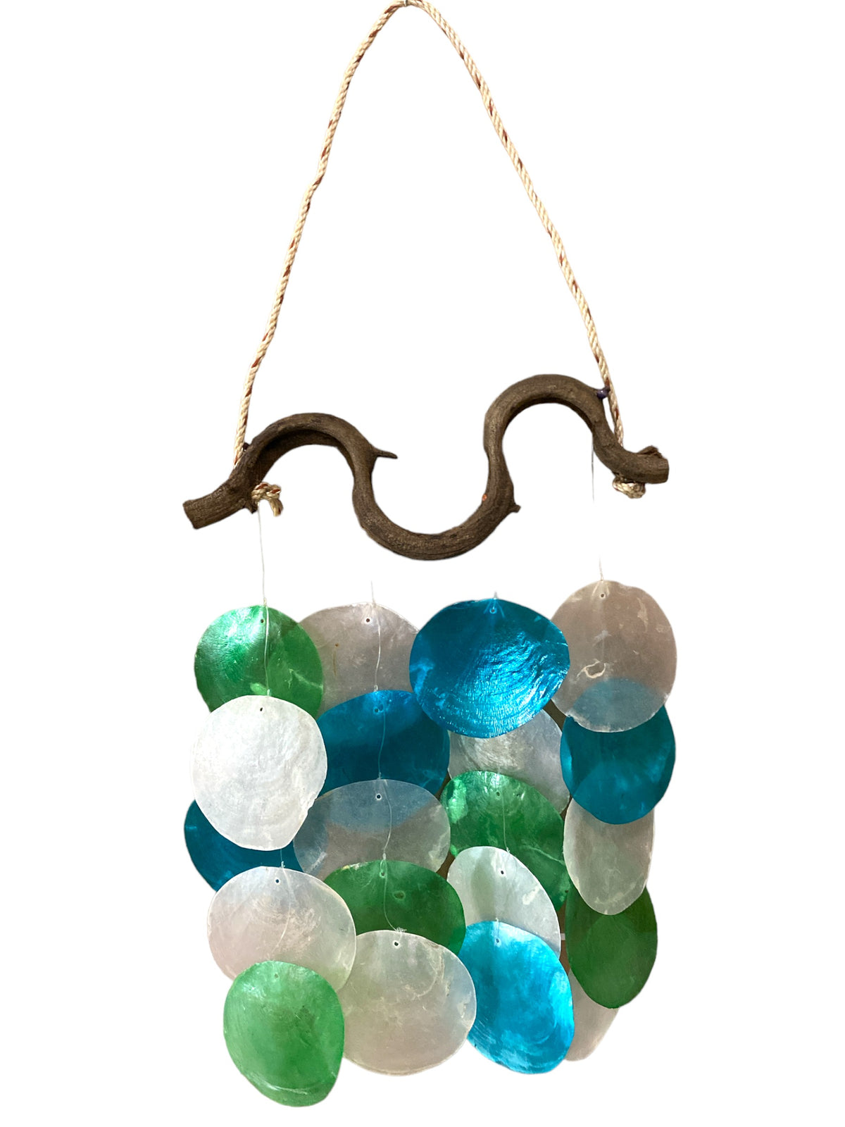 Mixed Green, Blue & White Capiz Placuna Shell Chime on Crazy Vine - 12 inch wide x 22 Long
