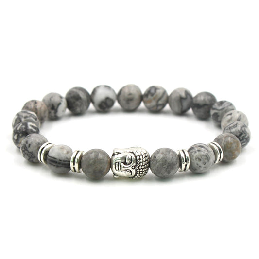 Snowflake Obsidian Gemstone Bracelet with Buddha - 8mm Length 7.5 Inch