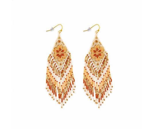 Falcon Feather Glass Beaded Earrings - 3.25 inch Long - tan, sandstone, gold, and white - NEW424