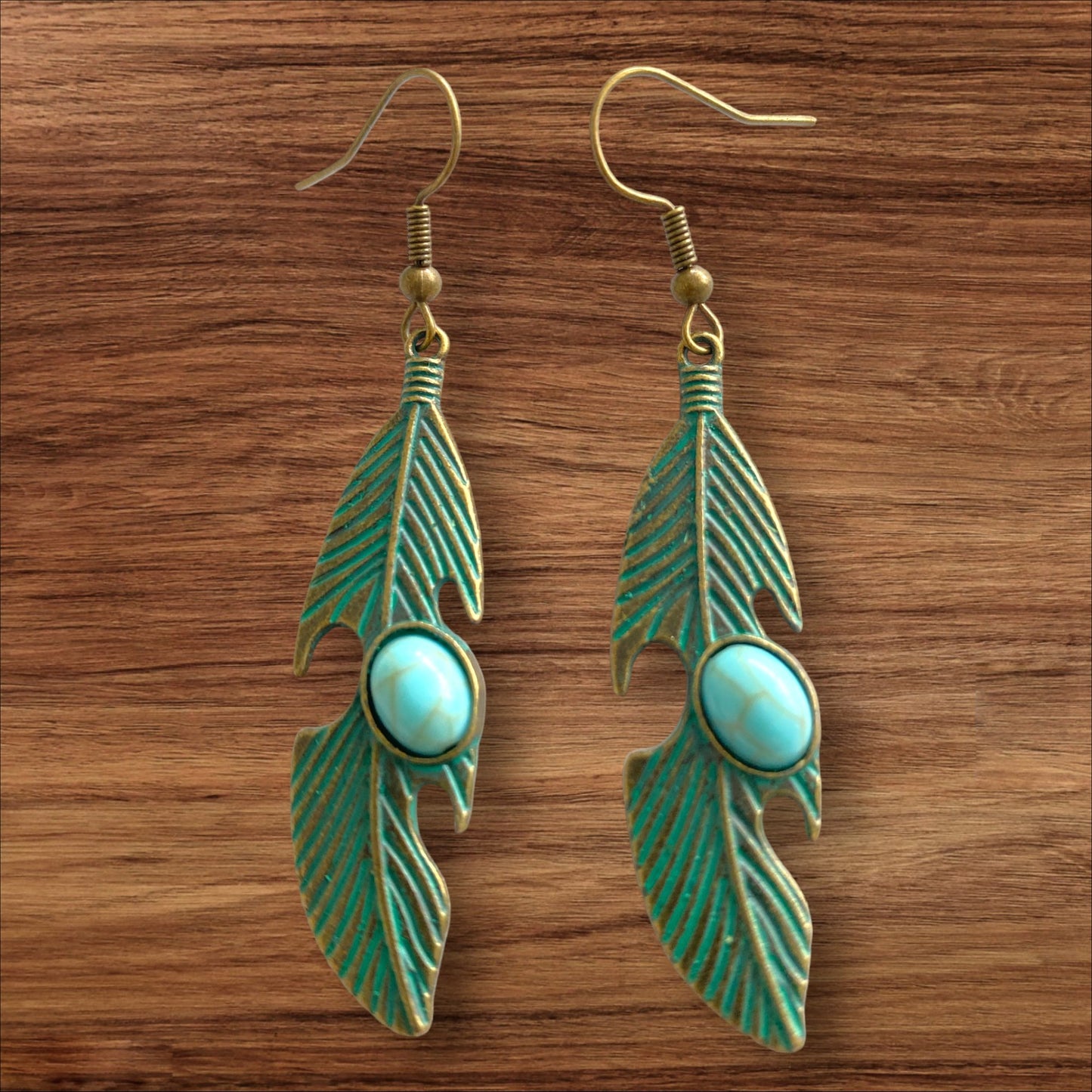 Feather Design with Turquoise Howlite Stone - Hook Earrings