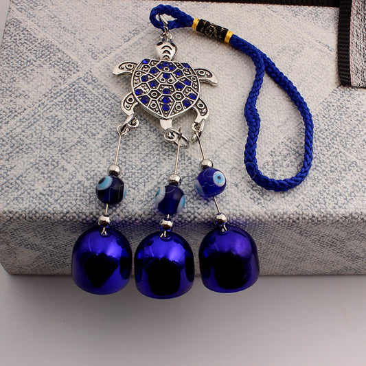 Evil Eye Turtle Crystal Metal Hanger with Blue Bells - Suncatcher Long - 9.25 inch - China -