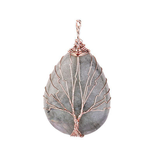 Labradorite Tree of Life Pendant - Teardrop - Rose Gold Color Plated