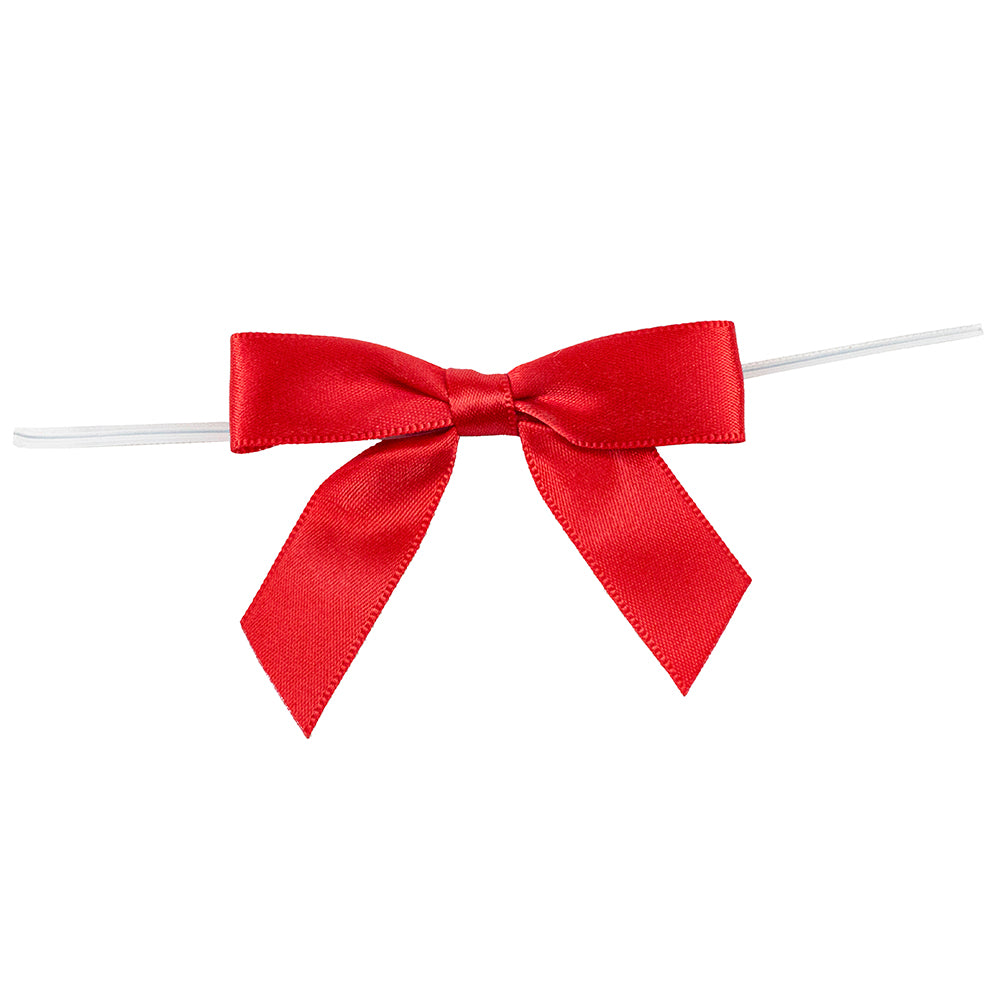 Pack of 100 Red SATIN TWIST TIE BOWS - SMALL - 2 LOOPS x 2-1/2in Span - 2 TAILS x 1-3/4in x 5/8in RIBBON WIDTH & 5in TWIST TIE