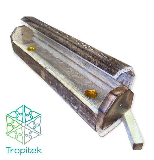 Wood Incense Coffin Box Brass inlaid - 10 inch long - India - NEW322