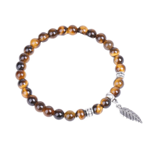 Tiger Eye Bracelet with Feather Charm – 6mm Beads (7.5 Inches)