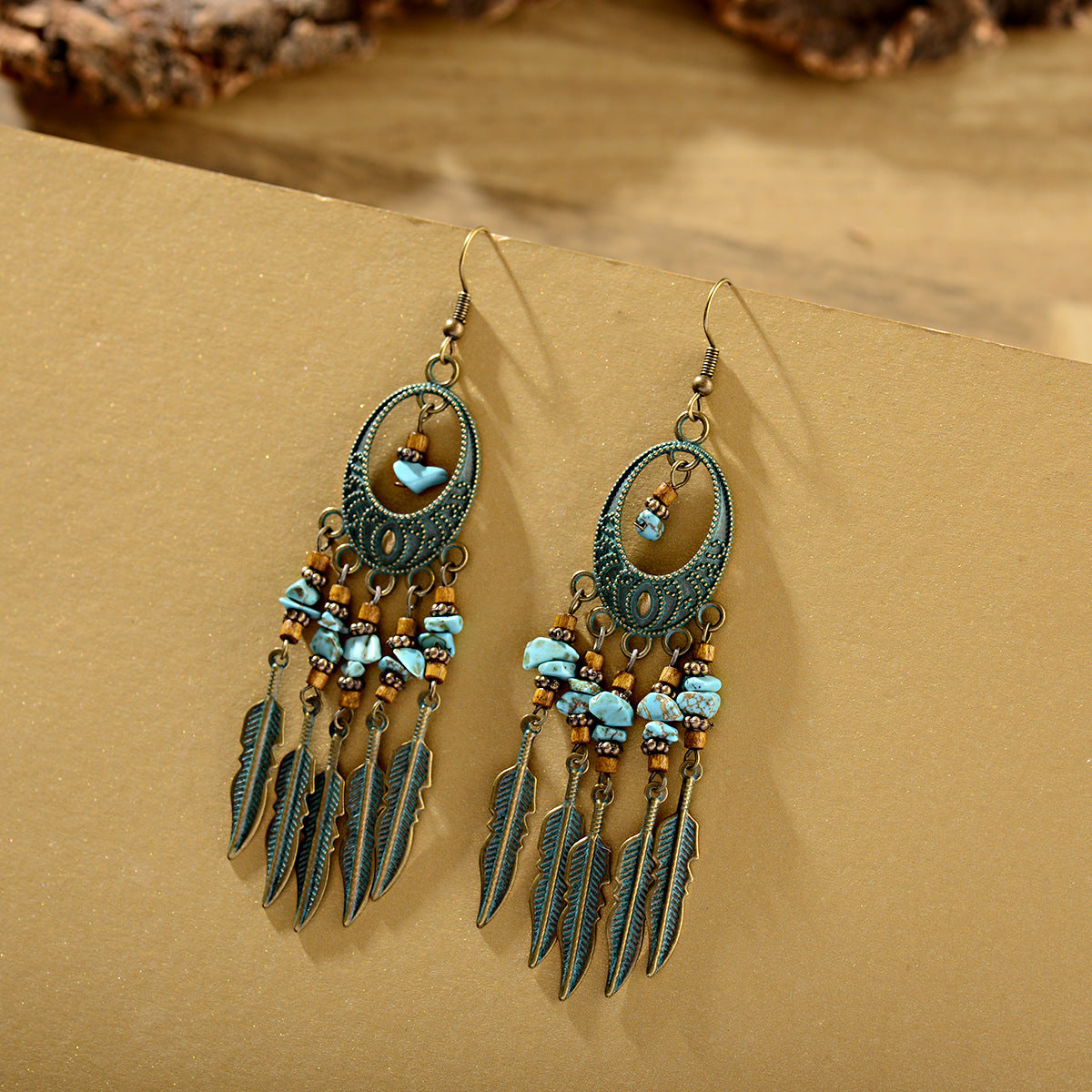 Long Feather Design with Turquoise Zinc Alloy hook Earrings