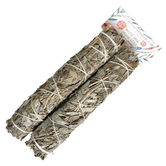 Pack of 2 WHITE SAGE 8 - 9 inch Smudge Stick bagged with header