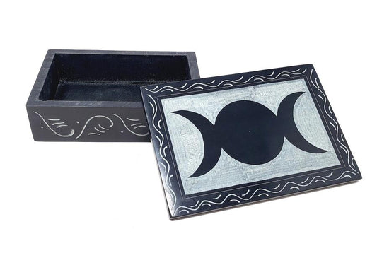 Triple Moon Carved Soap Stone Box - 4 x 6 inch - NEW1222