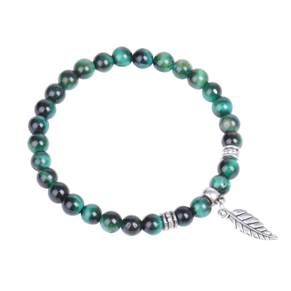 Green Tiger Eye Bracelet with Feather Charm – 6mm Beads (7.5 Inches)