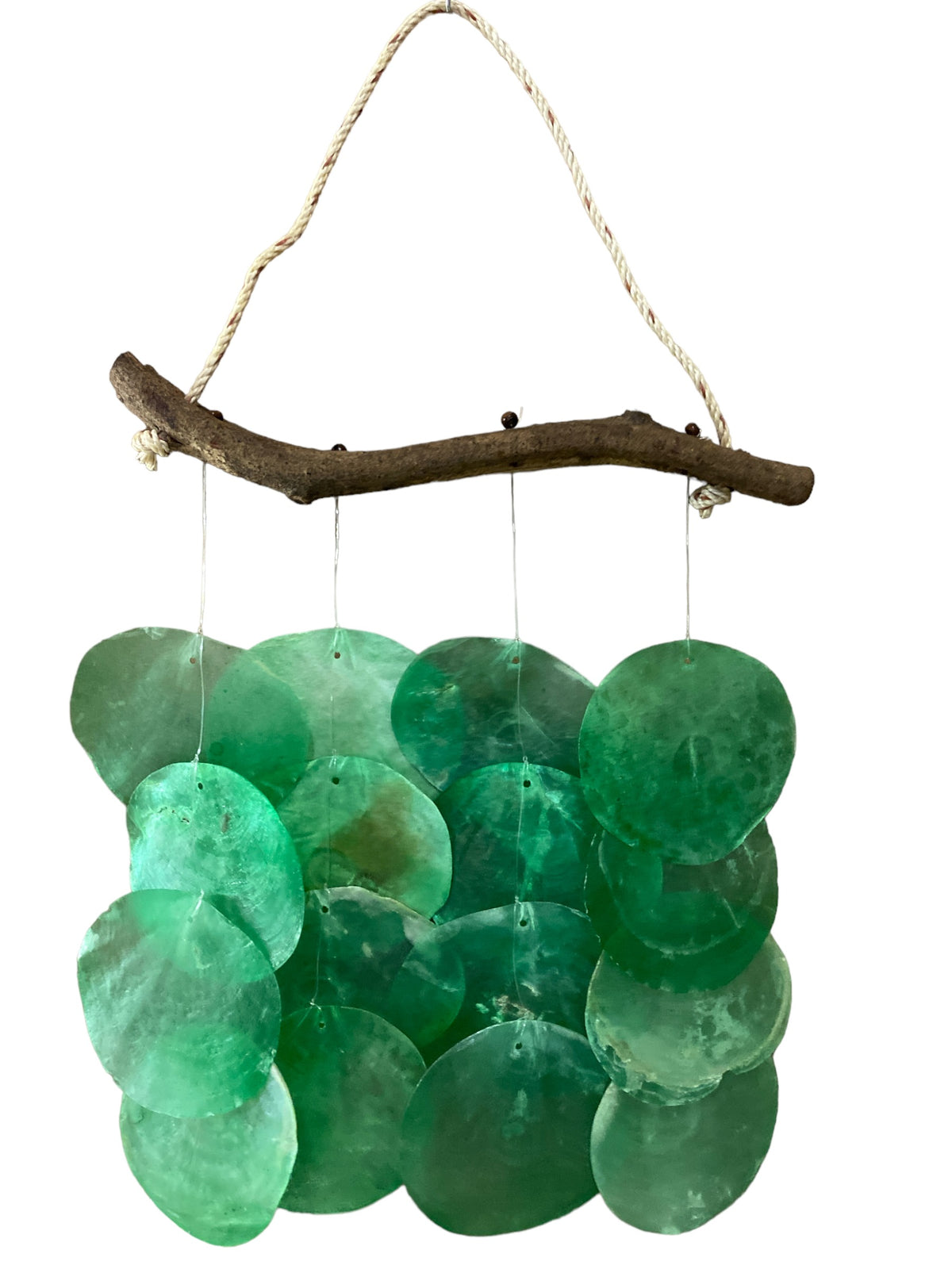 Green  Capiz Placuna Shell Chime on Crazy Vine - 12 inch wide x 22 Long