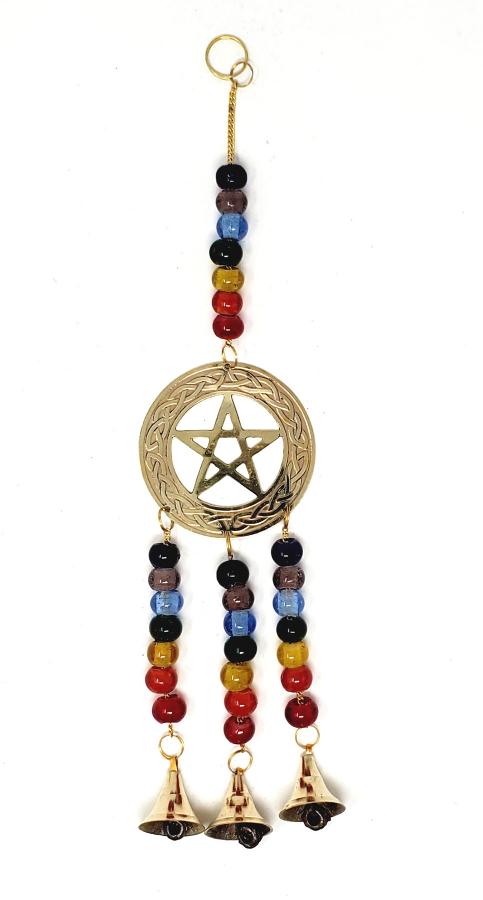 Brass Hanging Bells - Pentagram Pentacle with Multi-Coloured Beads Wind Chime Witch Bells - 14 inch - India - NEW1222