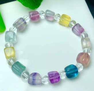 Fluorite Multi Colored 8mm Square Bead Stretch Bracelet - 7 inch - China - NEW224