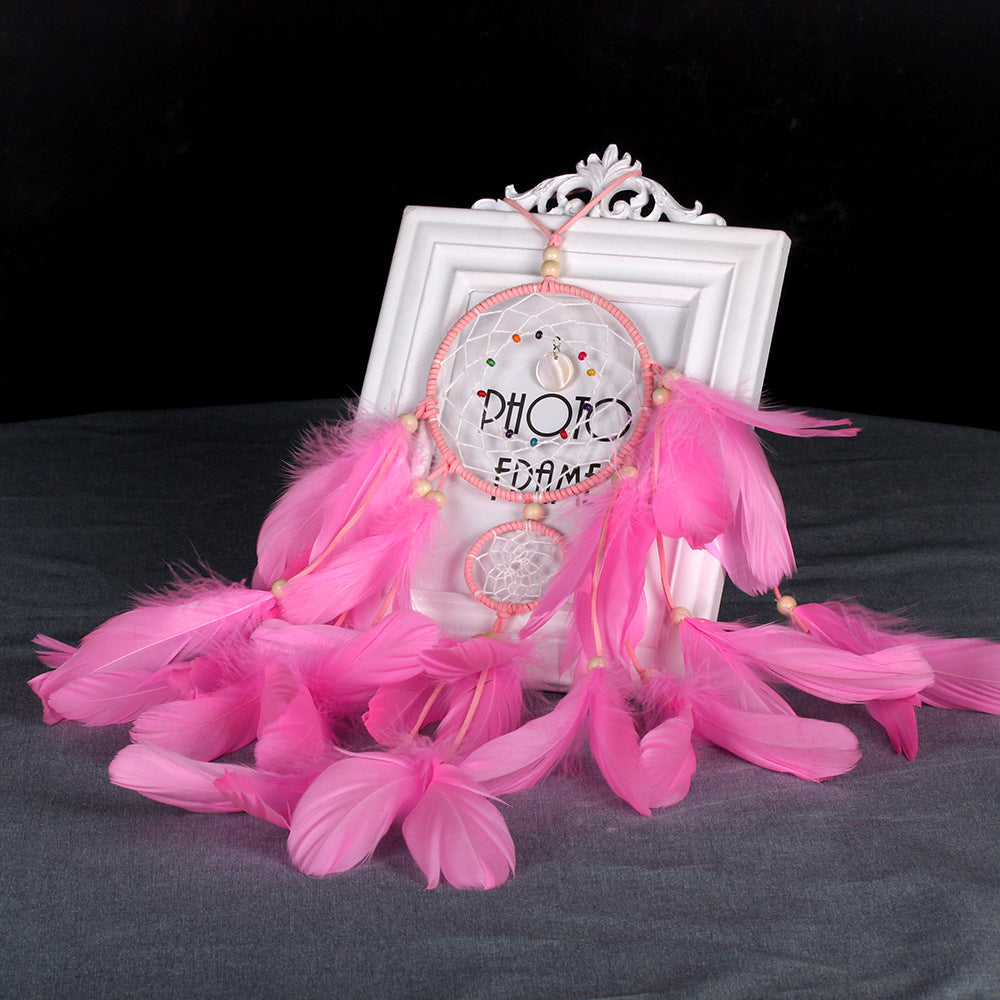 Fashion Dream Catcher with Shell Charm - Leather Cord - Cotton Thread - Multi-Colour Wood Seed Beads - PINK - 12 x 56cm