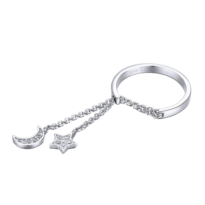 Moon and Star Link Chain Ring - Sterling Silver 925 - Sparkling Clear CZ - NEW622